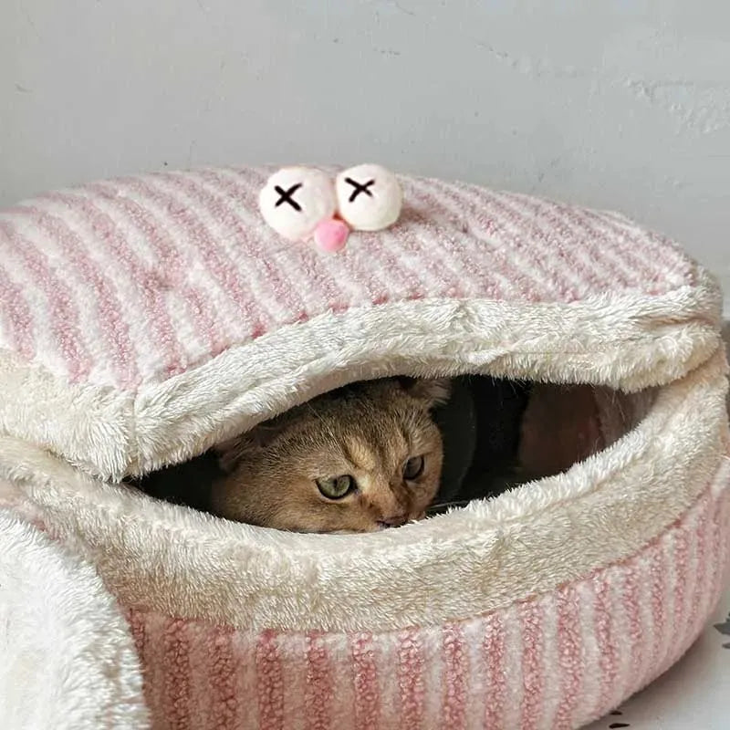 Causeway Braised Sandwich Cat Nest in pink, closed style with lid, 45cm diameter