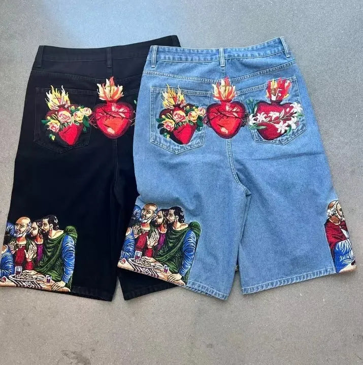 Blue men's tapered cotton shorts with a Jesus design printed on the back pocket.