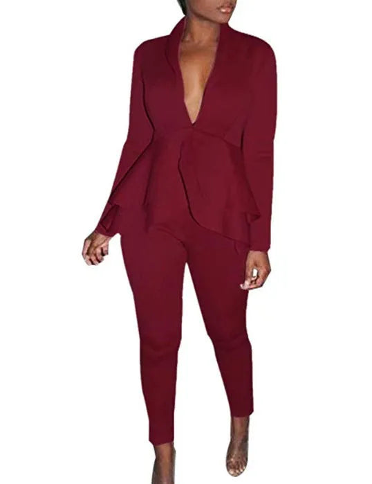 Ruffled sleeve business blazer and pencil trouser uniform set in polyester fabric