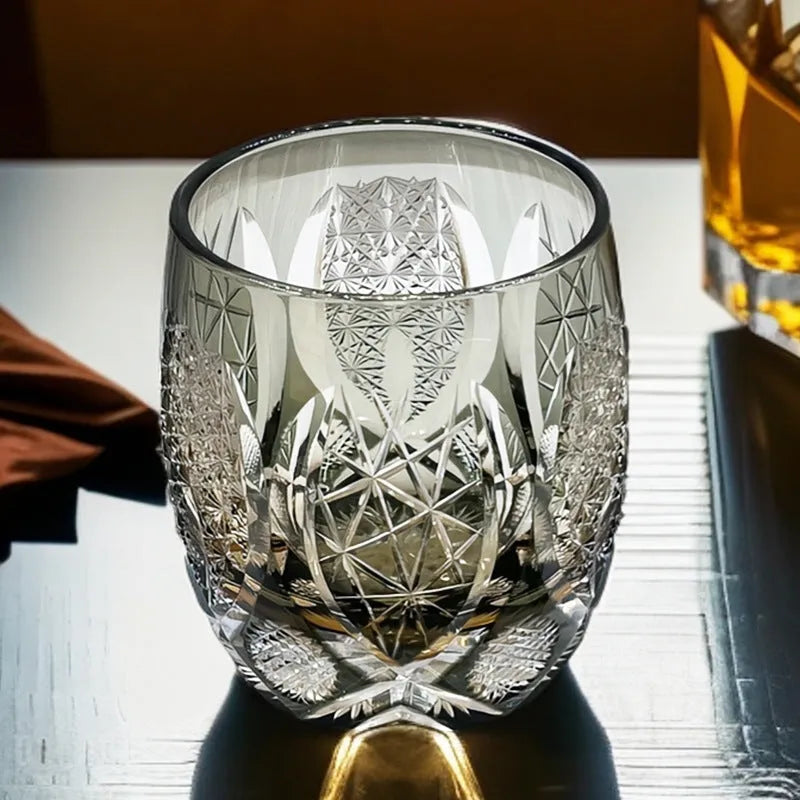 Japanese-style Edo crystal glass whisky tumbler with amber flash cut design in wooden box