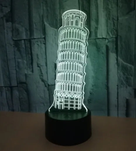 3D Leaning Tower of Pisa nightlight with seven colour options on acrylic panel with ABS base