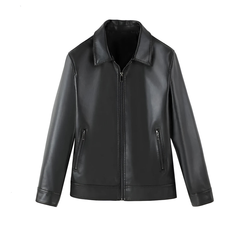 Men's black loose-fit PU leather casual jacket with zipper pockets.