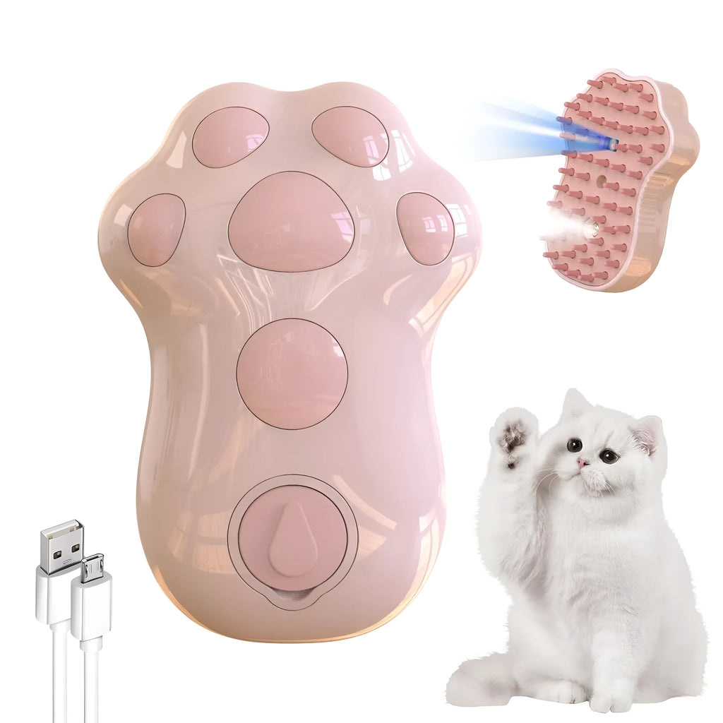 Blue self-cleaning cat steam brush with silicone bristles and rechargeable spray tank