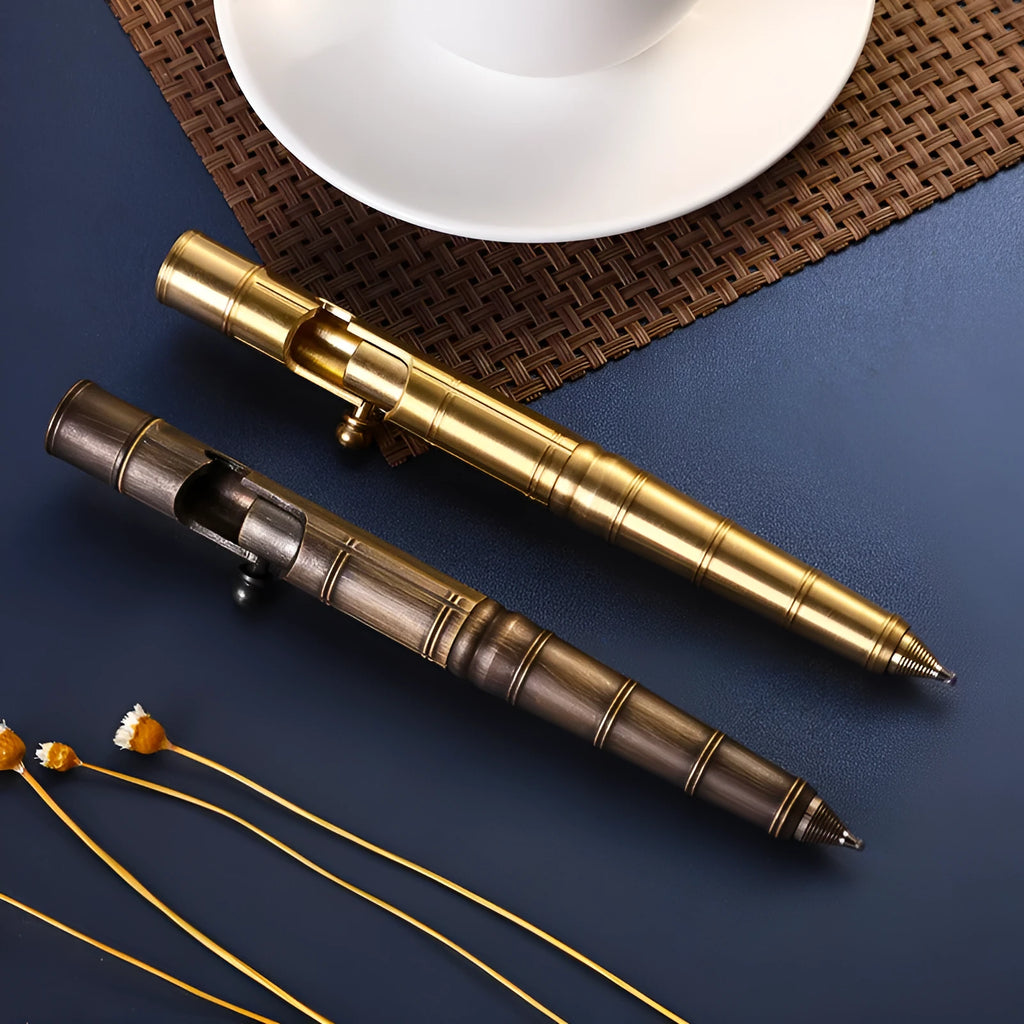 Brass tactical pen with retro colour finish and press mechanism