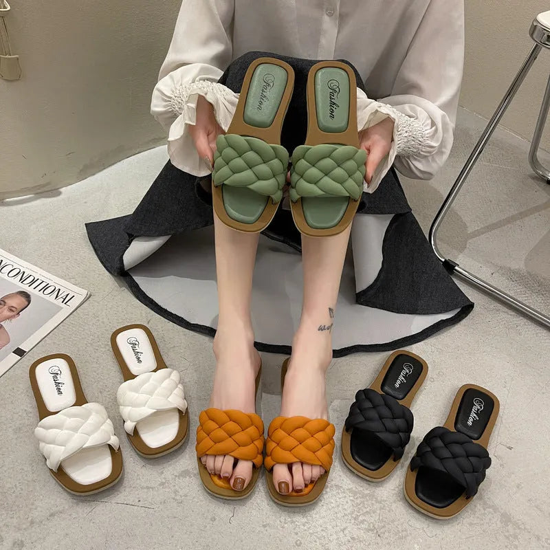 Women's plaid pattern PVC beach sandals with a thick textured sole, shown in green.