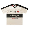 Apricot sports top with V-neck, short sleeves, printed letter pattern, and drop-shoulder design