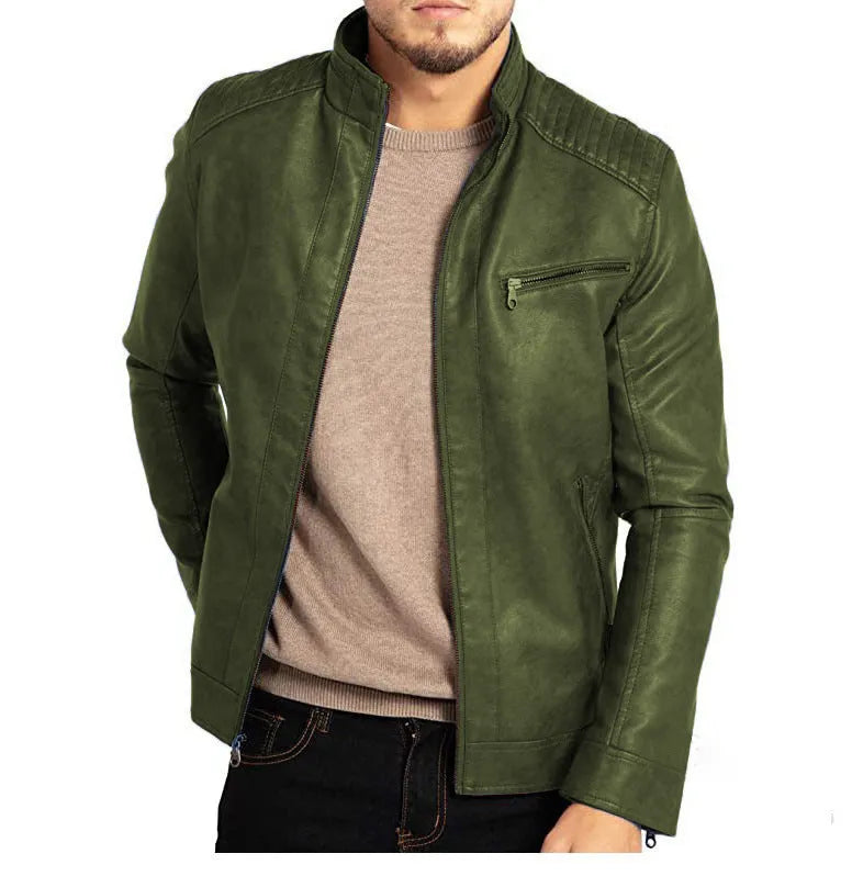 Man wearing a brown artificial leather punk-style motorcycle jacket with a stand collar.