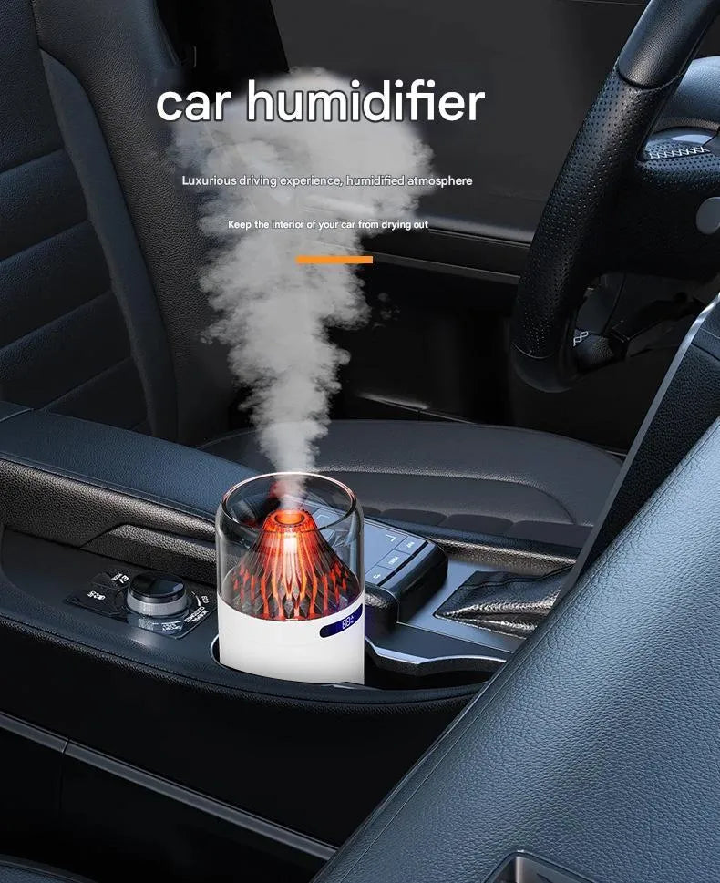 Volcano USB humidifier with digital display in black, compact size for car or desk use