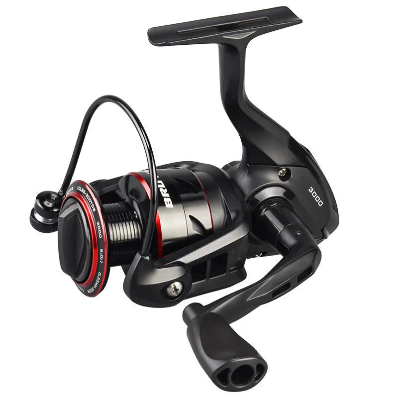 All-metal fishing reel attached to telescopic fishing rod in collapsed position