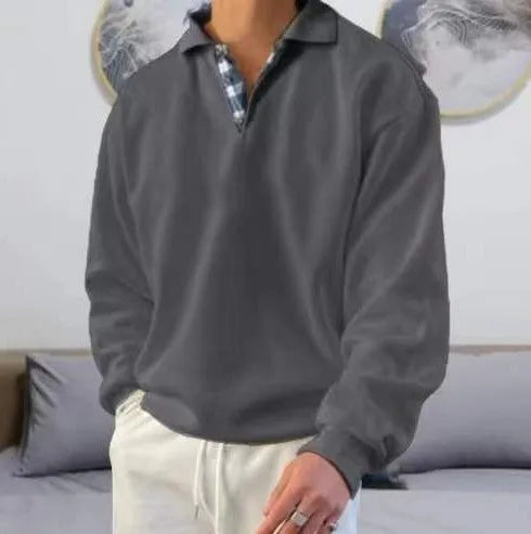 Men's long sleeve V-neck lapel hoodie in loose fit, ten colour options, polyester
