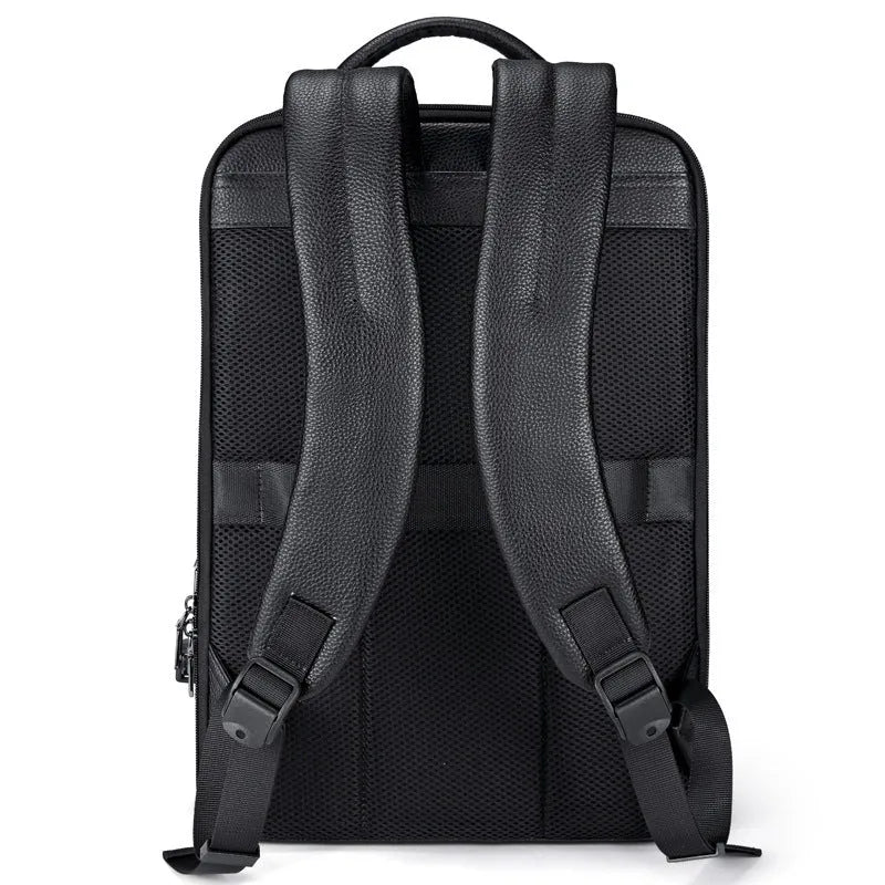 Black genuine leather men's business computer backpack with curved shoulder strap