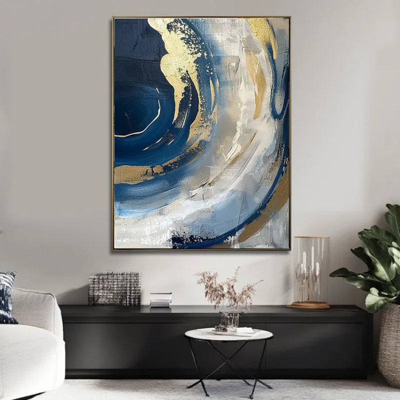 Handmade abstract oil painting in golden and blue on frameless vertical canvas, one panel, for living room wall decor