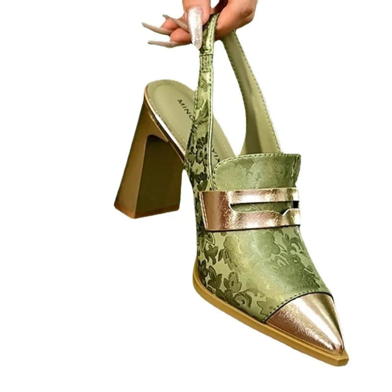 Women's black chunky heel strap sandals with pointed toe and elastic band, Korean style design.