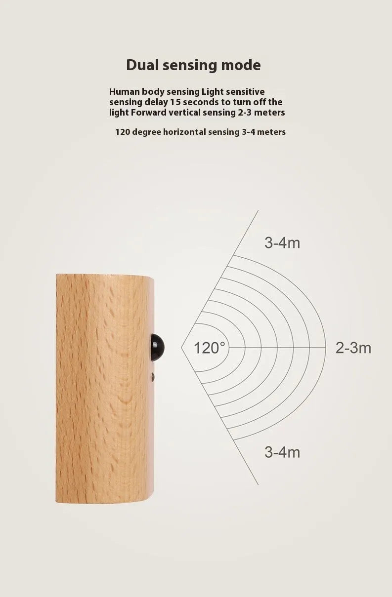 Solid wood pattern linkage human body induction LED light with warm white glow, Sapele finish
