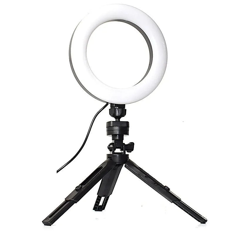 Mobile live streaming bracket with adjustable fill light on desktop tripod in black colour