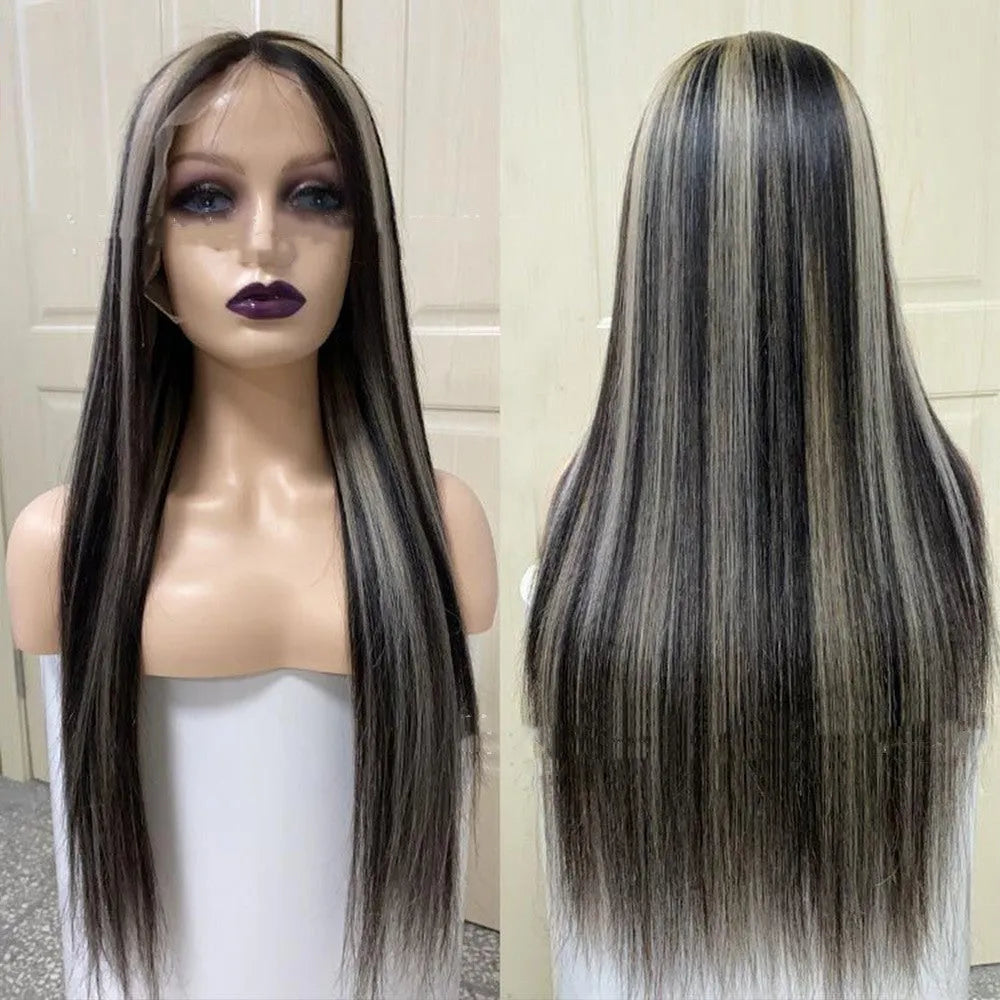 Piano color highlight P1bGrey straight human hair wig on a stand, showing natural texture and lace base