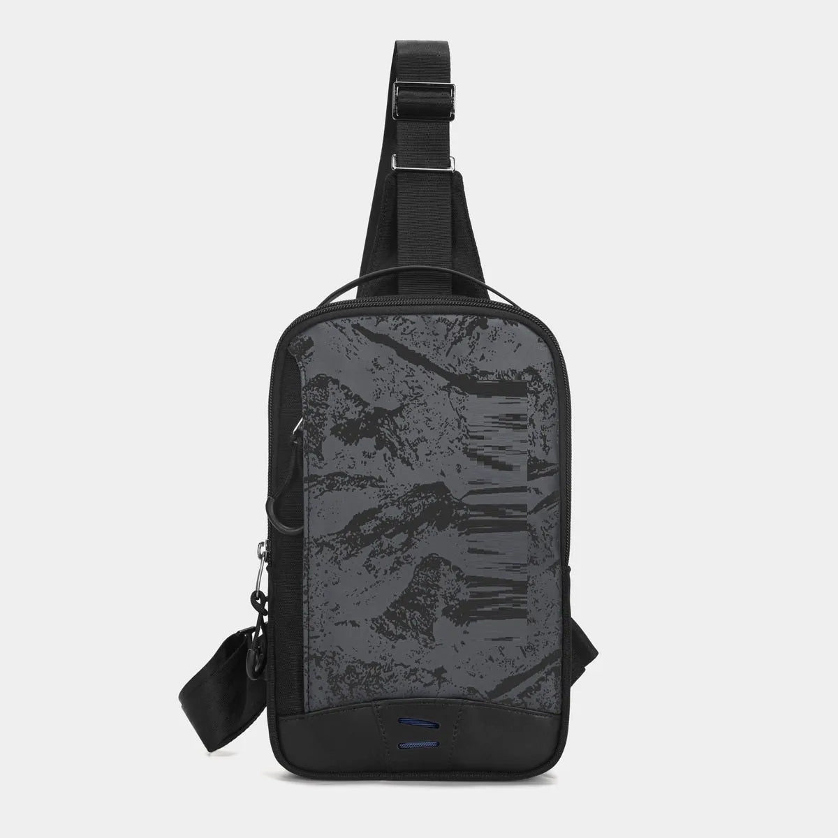 Casual black TPU camouflage chest bag with adjustable strap and front sandwich pocket on a person.