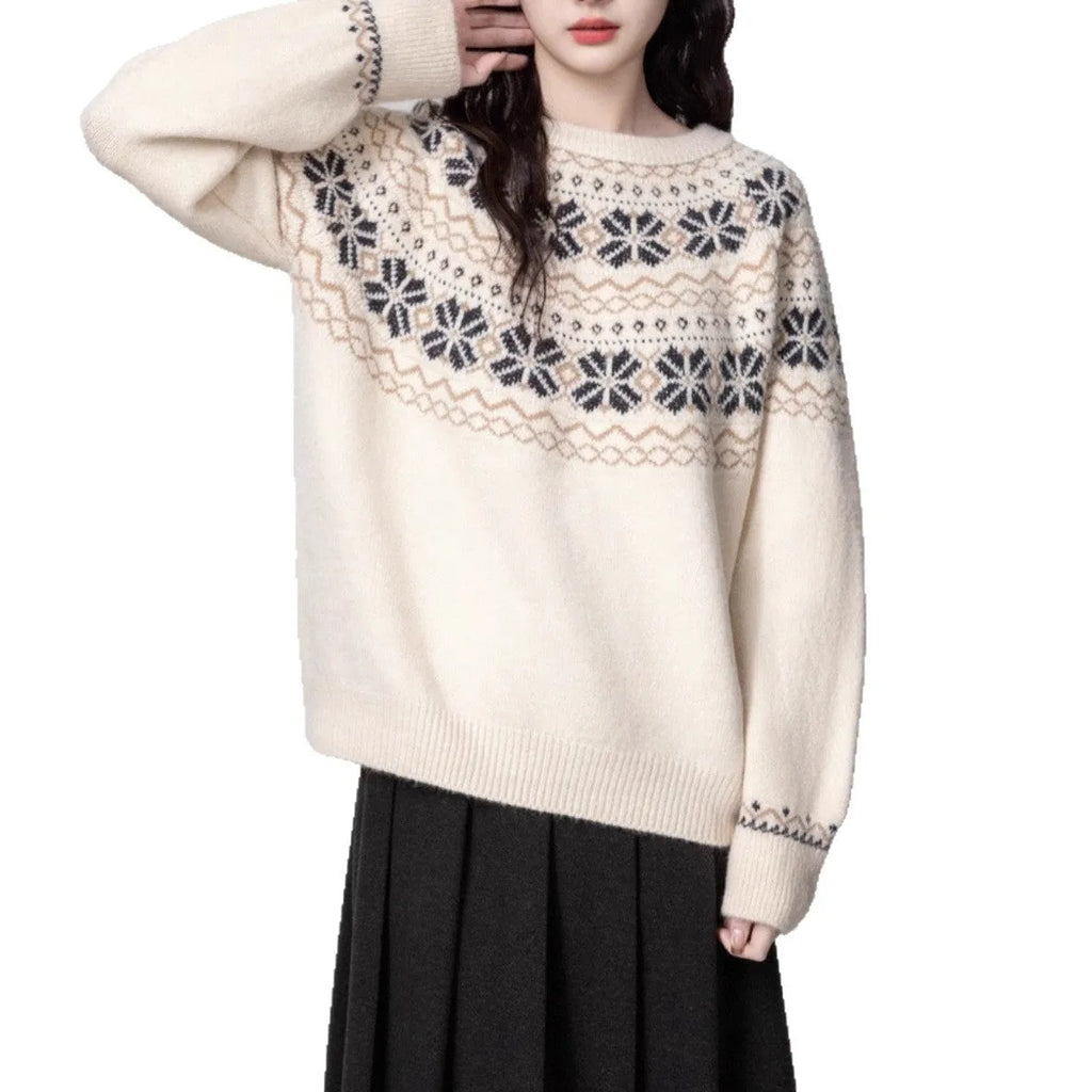 Women's milky white vintage Fair Isle geometric pattern pullover sweater with a loose fit and crew neck.