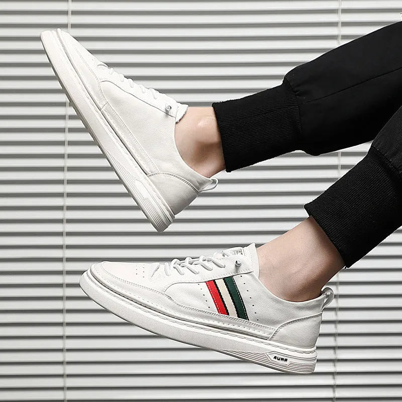 White casual lace-up leather shoes with inner height increase, round toe, rubber outsole, on a clean background