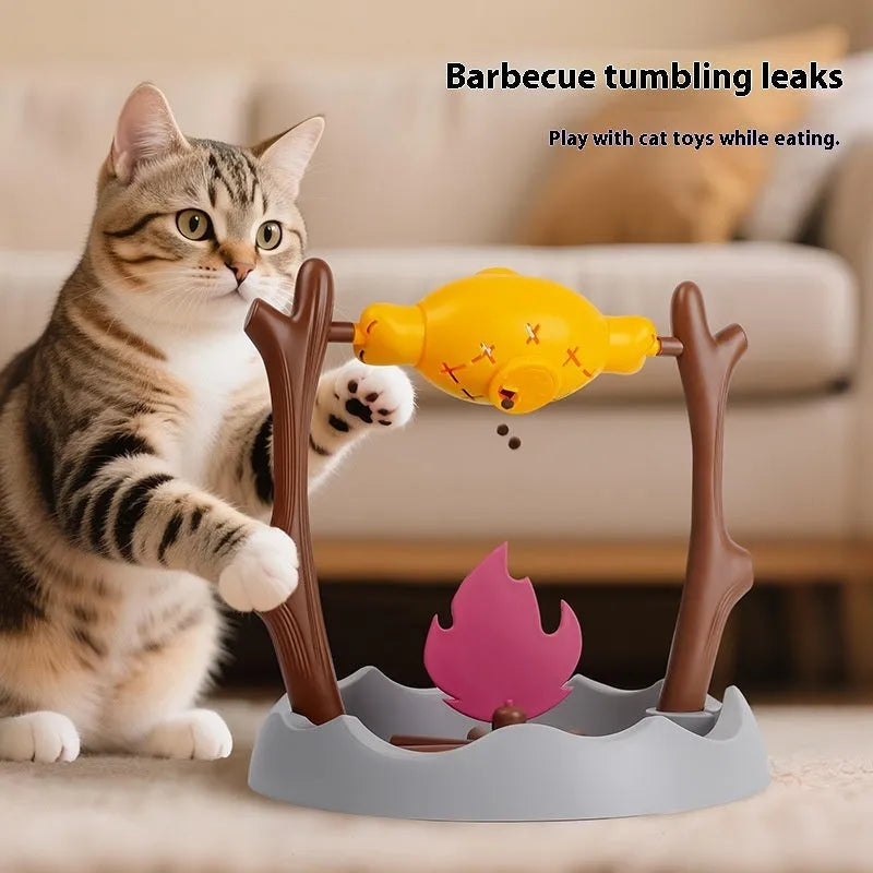 A 30cm cubic tumbling cat feeder toy for slow feeding and interactive play.