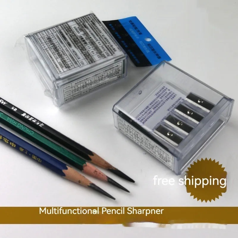 A boxed set containing 288 geometric-shaped, four-hole plastic pencil sharpeners for colouring and sketching.