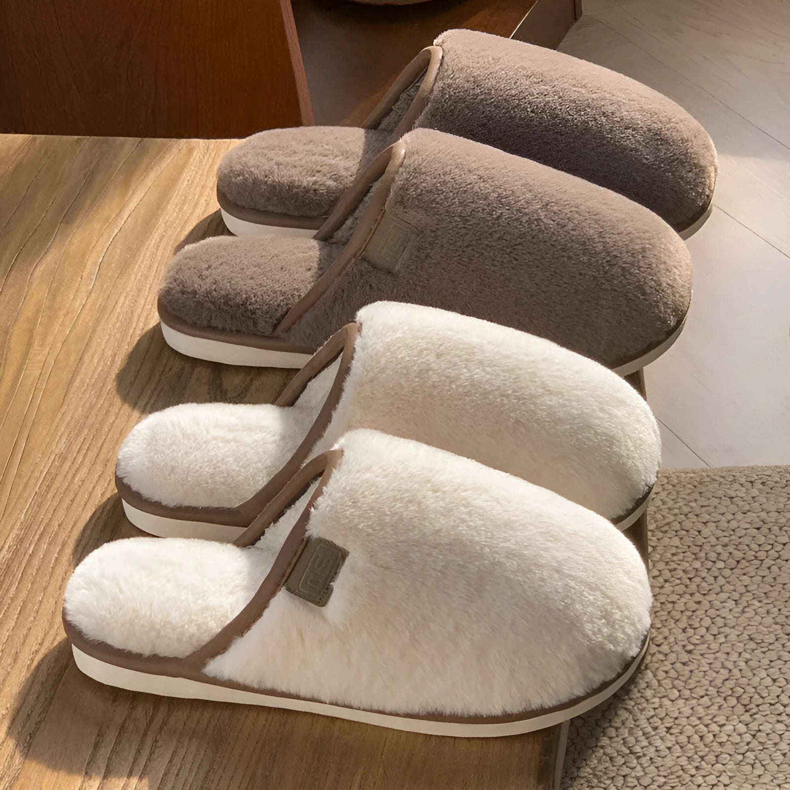 Pair of solid-colour plush PVC slippers with an overshoe design and a textured non-slip sole.