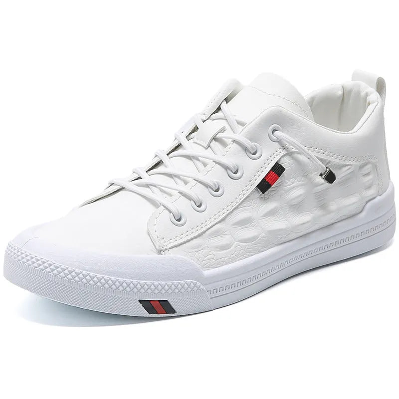 White men's lace-up casual sneakers with a round toe and flat rubber sole