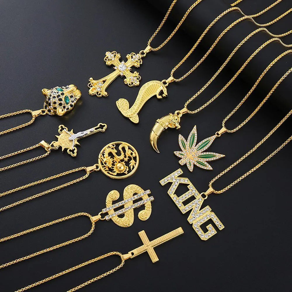 Gold geometric alloy pendant necklace with inlaid diamond-treated zirconia stones.