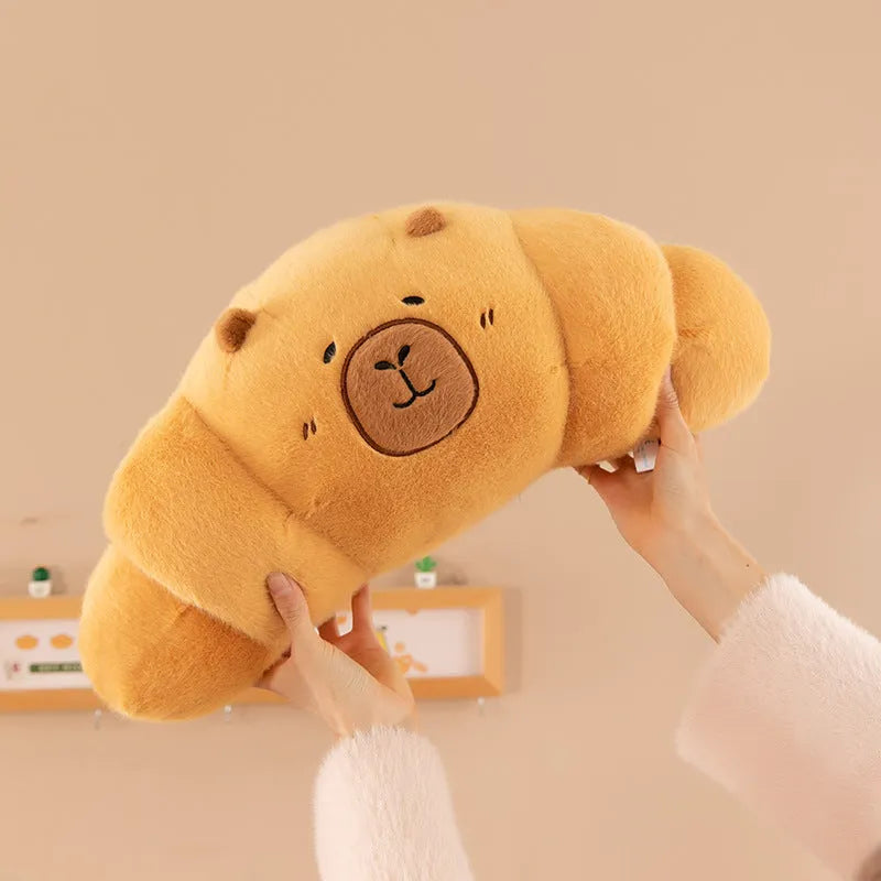 Capybara croissant French stick plush toy in mink velvet, available in sizes from 50cm to 100cm