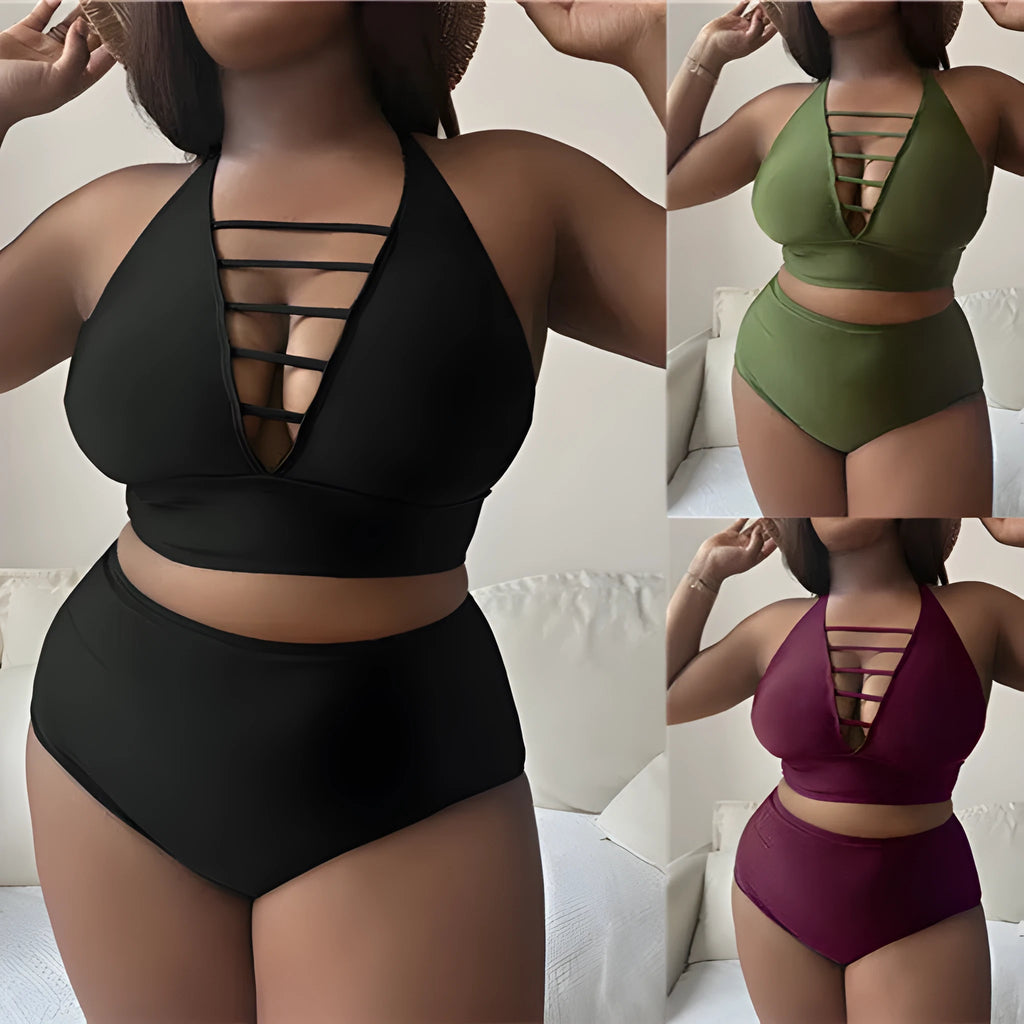 Plus size woman in a solid colour halterneck bikini with adjustable cross-back straps.