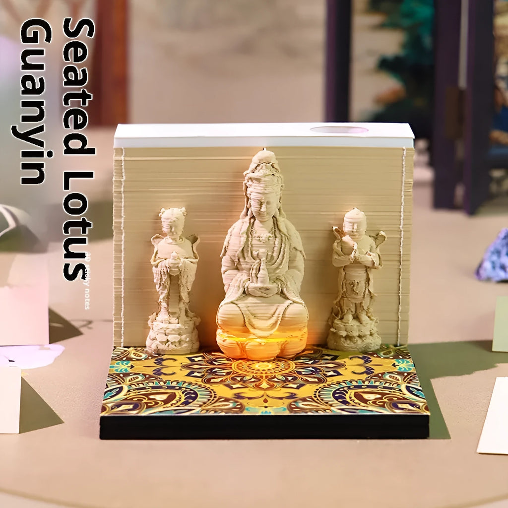 Seated Lotus Guanyin 3D paper carving calendar with Wealth Boy, 2026 English calendar, light version retro style