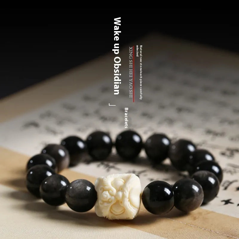 Obsidian prayer beads bracelet with chamfered square grain design in 12mm or 14mm size