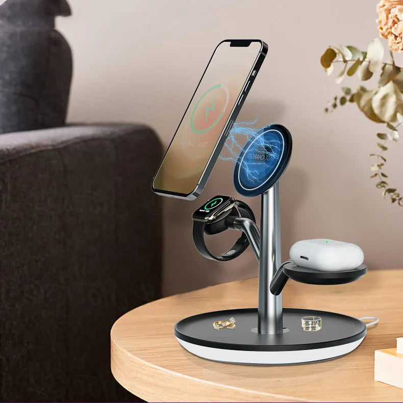 Black ABS+PC three-in-one magnetic suction wireless charger bracket with 15W output and USB interface for mobile phones