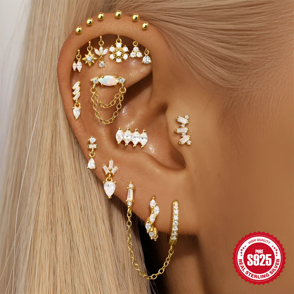 S925 sterling silver snowflake horse eye diamond ball flat back earrings in gold geometric shape on white background