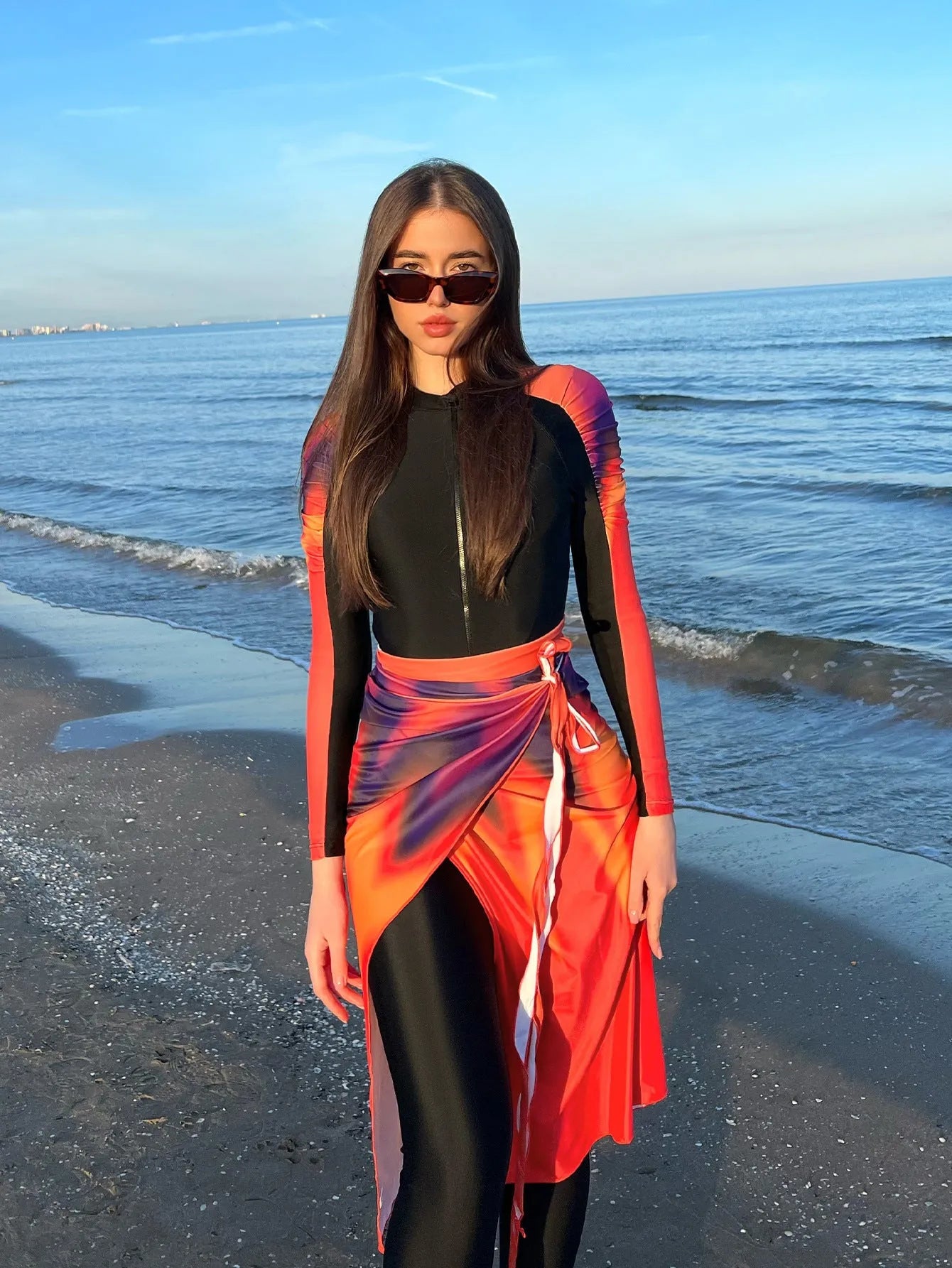 Sun protection beach swimsuit three-piece set women's polyester bikini conservative pattern colour 427 sizes S-XL