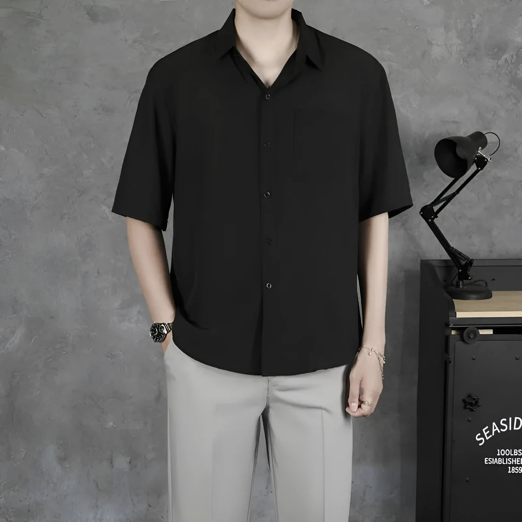 Men's solid colour short sleeve cotton blend casual shirt with loose fit in black white light green dark green sizes S to XXXL