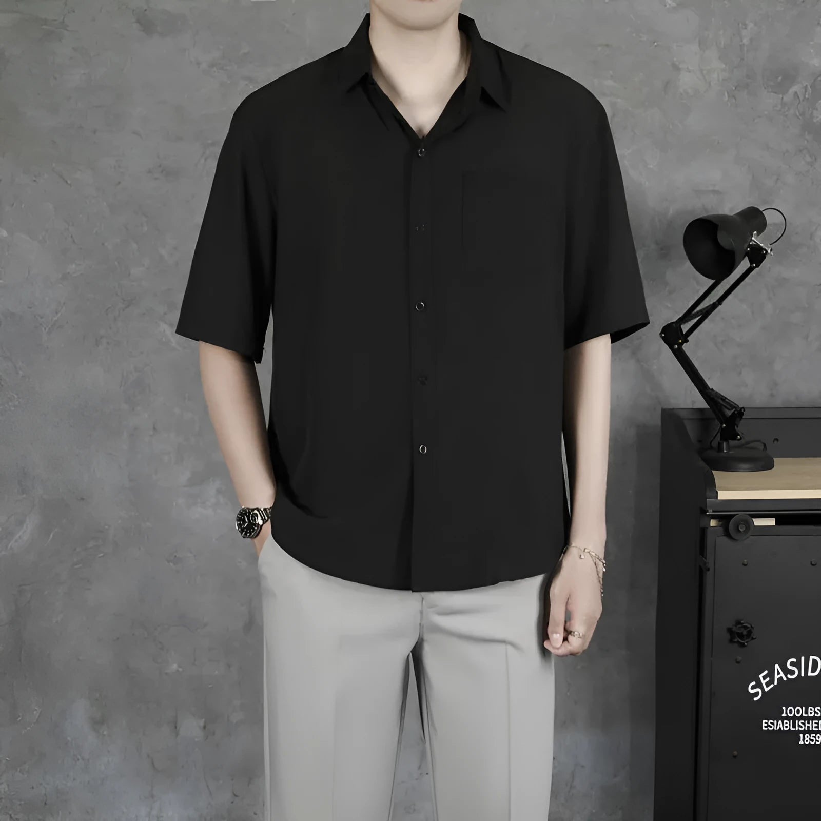 Men's solid colour short sleeve cotton blend casual shirt with loose fit in black white light green dark green sizes S to XXXL