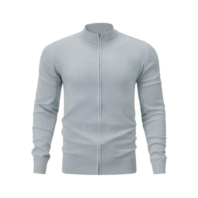 Men's grey stand collar zip-up casual sports sweater hanging on a plain background.