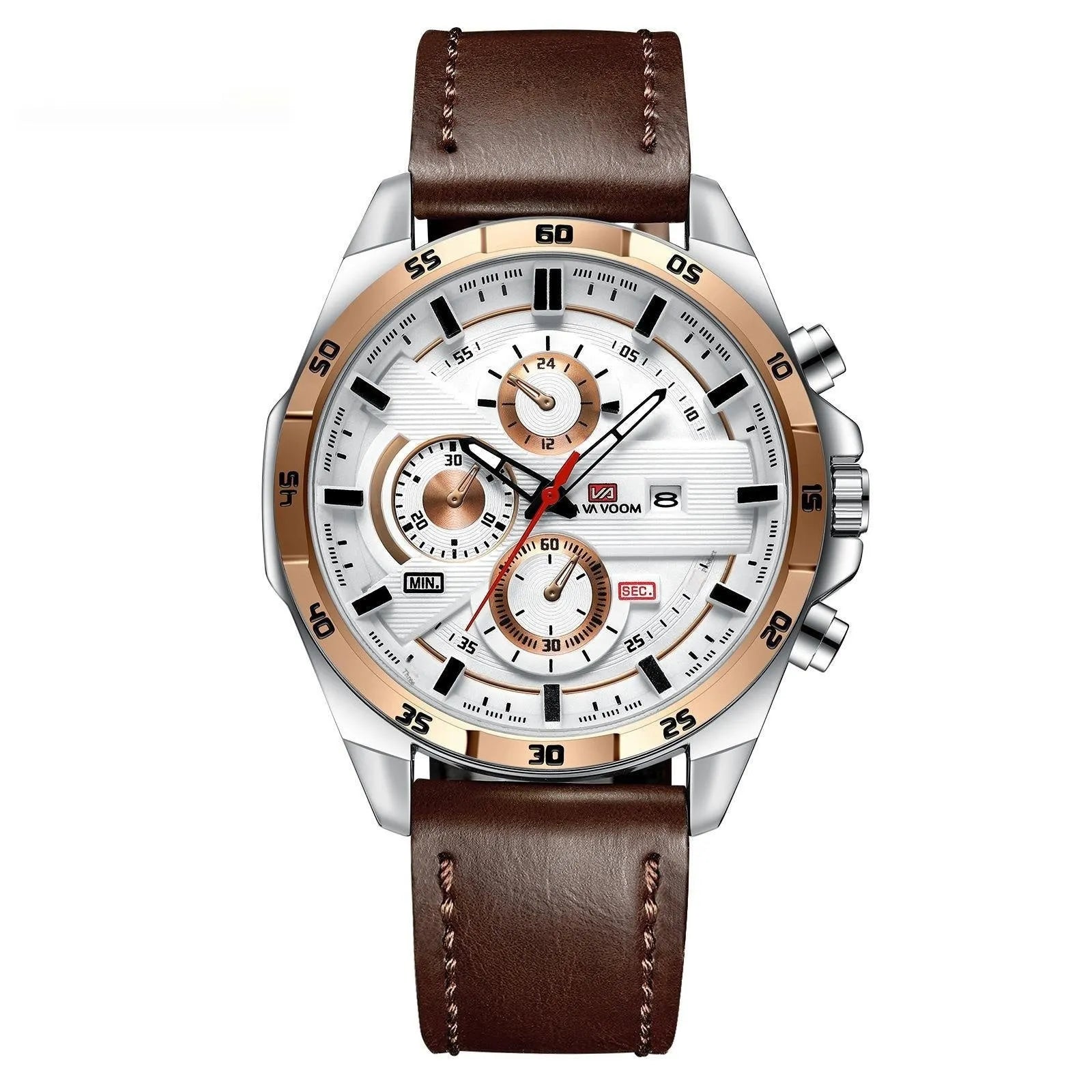 Men's casual wristwatch showing day-date window at 3 o'clock on a black dial with a rose gold case.