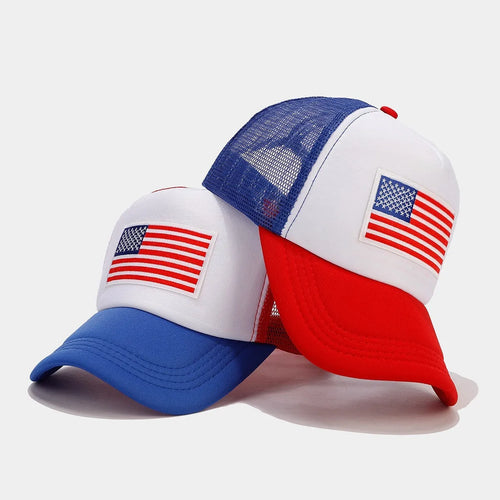 Red and blue two-tone breathable mesh baseball cap with adjustable strap and dome crown.