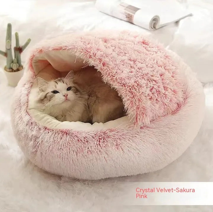 Round plush pet bed in brown for cats and small dogs, size 40cm