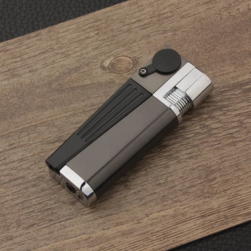 Silver foldable metal pipe lighter showing open stash compartment and ignition mechanism