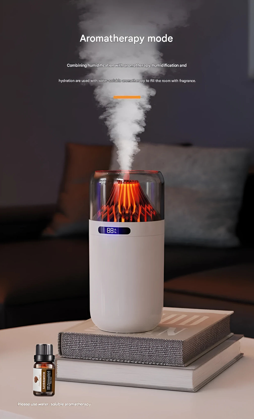 Volcano USB humidifier with digital display in black, compact size for car or desk use