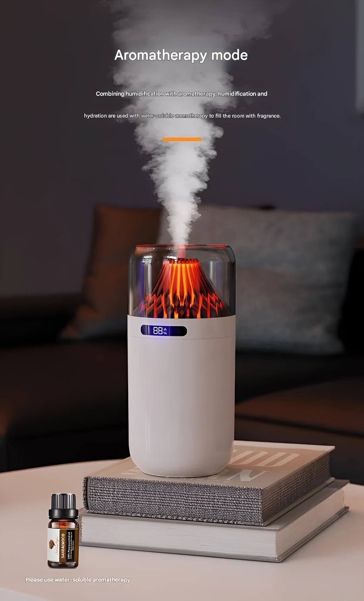 Volcano USB humidifier with digital display in black, compact size for car or desk use
