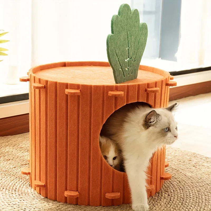 Beige carrot-shaped felt cat nest with multiple holes, shown in a home setting.