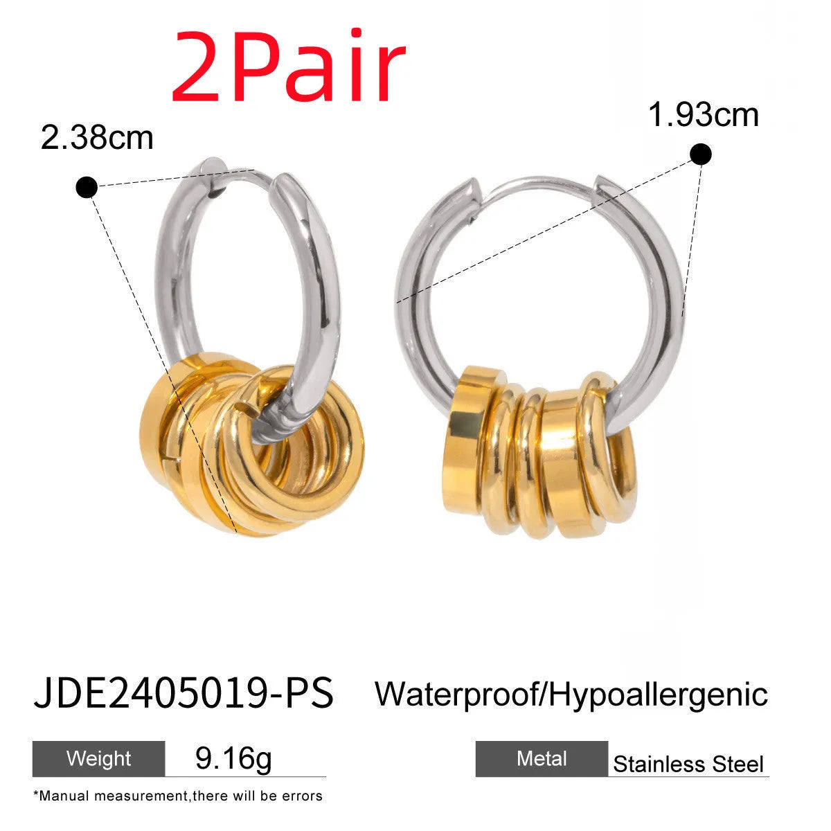 Stainless steel electroplated personality earrings in two colour variations for unisex wear
