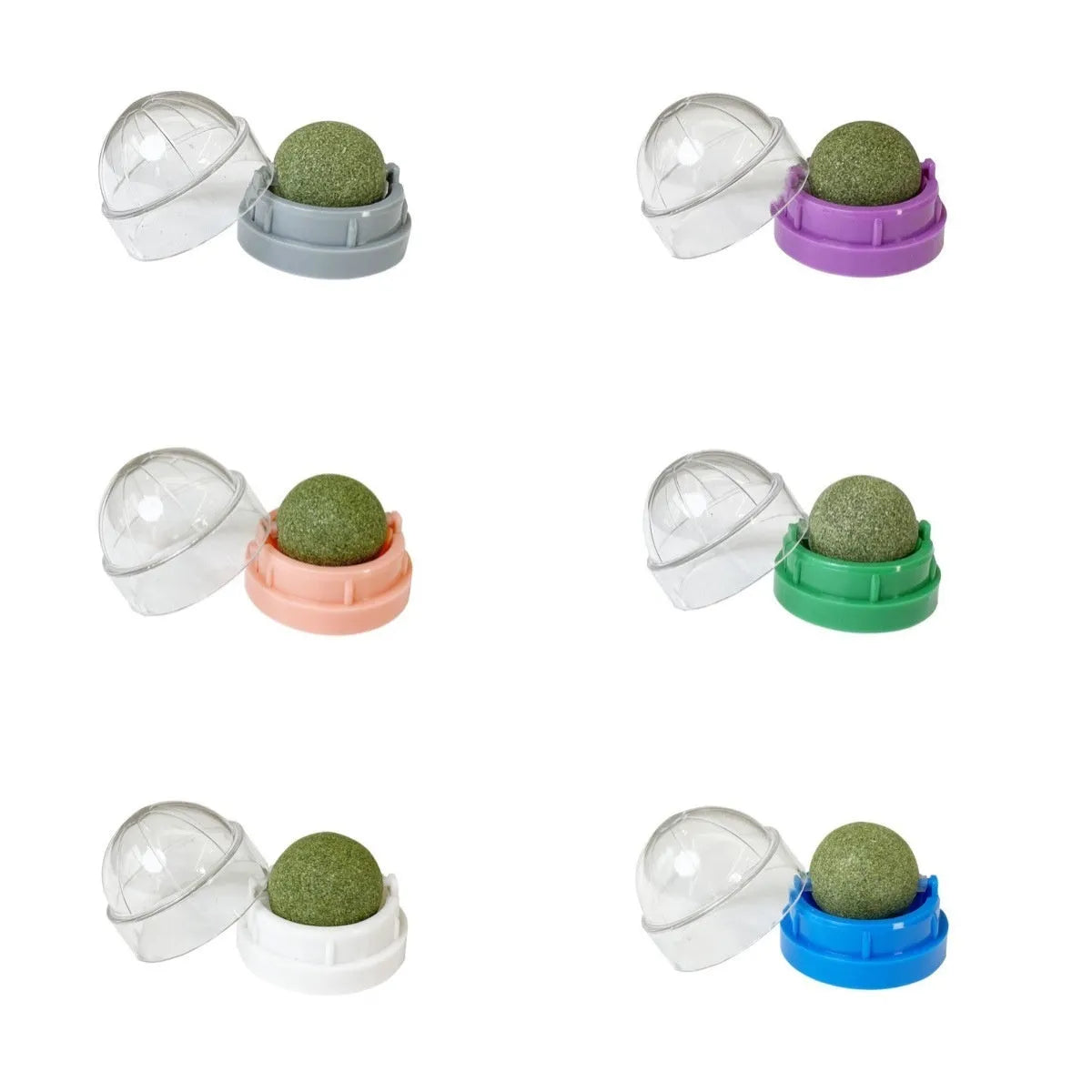 Colourful plastic catnip ball toy for molar teeth cleaning and bite-resistant play.