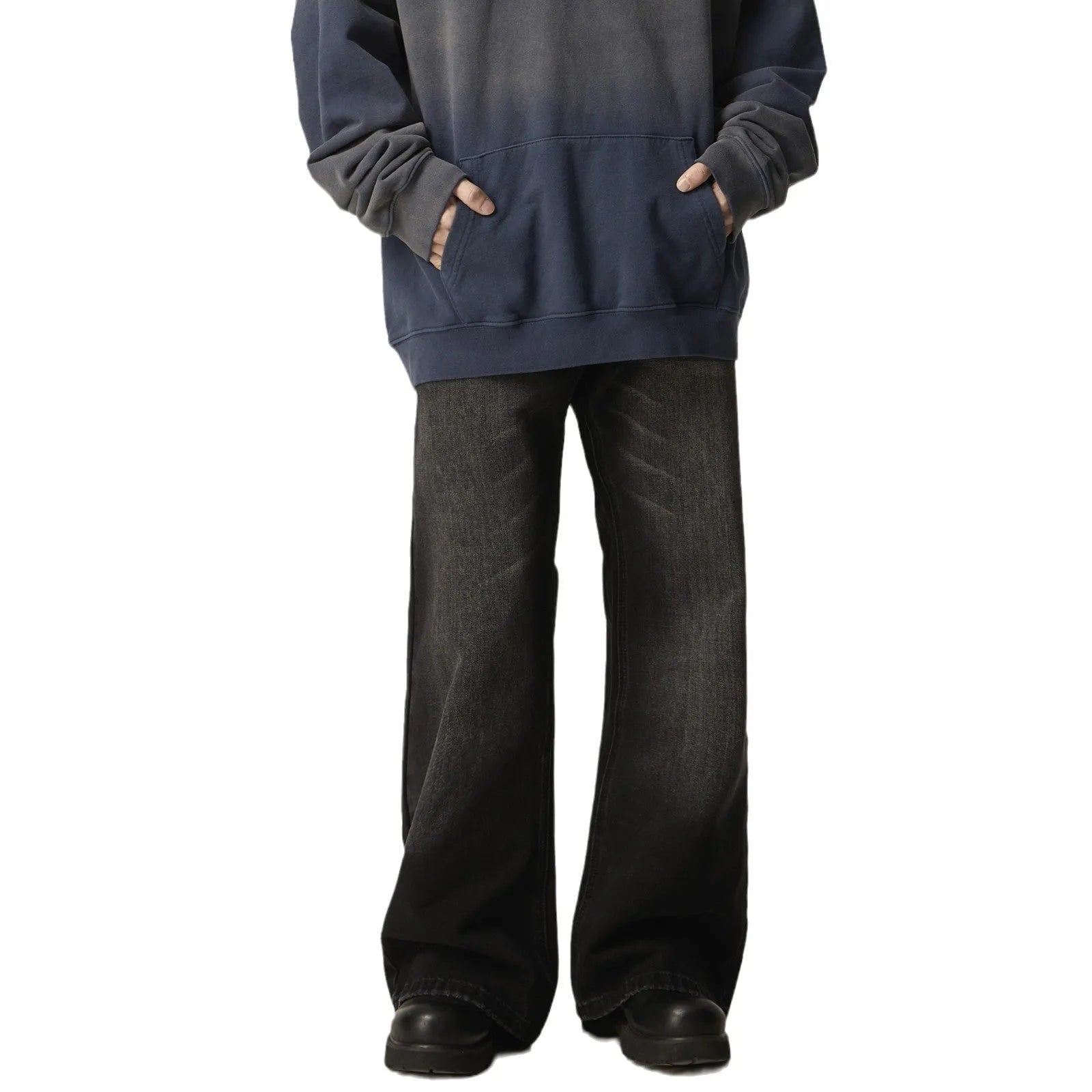 Man's black loose-fit straight-leg retro jeans made from polyester denim fabric.
