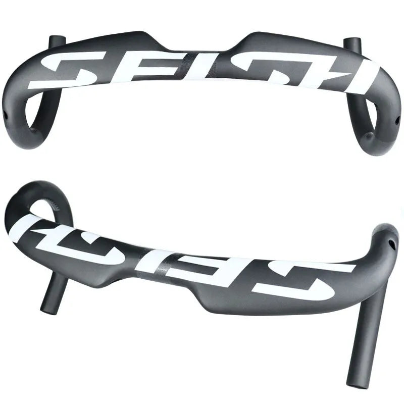 Carbon fibre road bicycle drop handlebar with internal cable routing channels shown in a black finish
