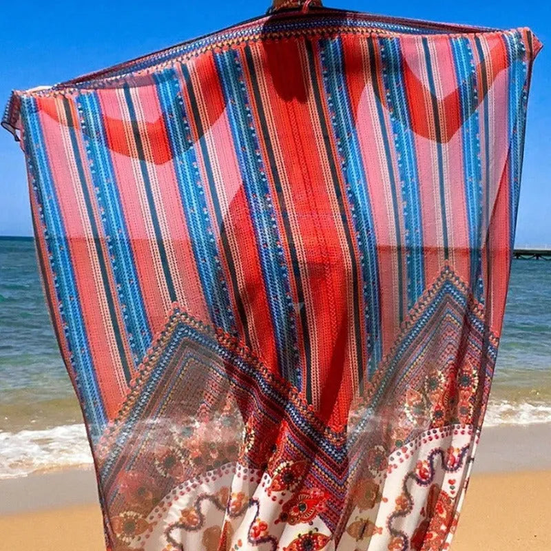 Women's three-piece swimsuit set in pictured colour, showing cutout top, high-waist shorts, and short-sleeved cover-up coat laid flat.